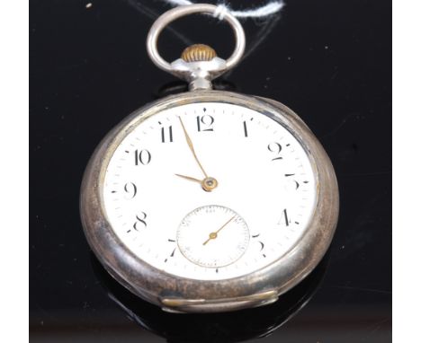 An Omega silver  cased gents open faced pocket watch (lacking glass) having white enamel dial, subsidiary seconds dial, keyle