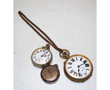 A large early 20th century nickel cased open faced pocket watch having enamel dial with Roman numerals and subsidiary seconds