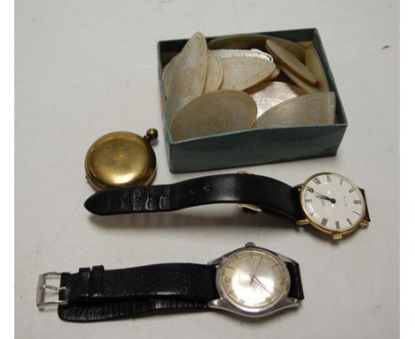 A collection of 19th century mother of pearl gaming counters together with a brass cased pocket compass, gents Audition incab
