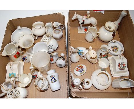 Two boxes of assorted crested cabinet china to include Carltonware Newmarket horse and jockey, Arcadian beaker, miniature che