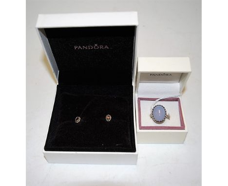 A pair of ladies Pandora silver and gem set stud earrings together with a ladies Pandora silver and polished hardstone inset 