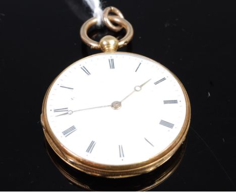 A Le Roy & Fils of Paris yellow metal and enamel fob watch having white enamel dial with Roman numerals, guilloche blue ename