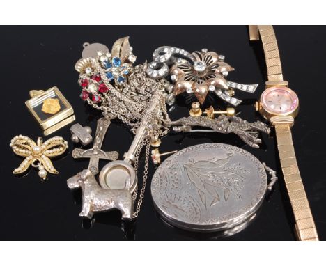 Mixed jewellery to include silver picture locket, silver brooch of a dog, Movado ladies wrist watch, costume etc