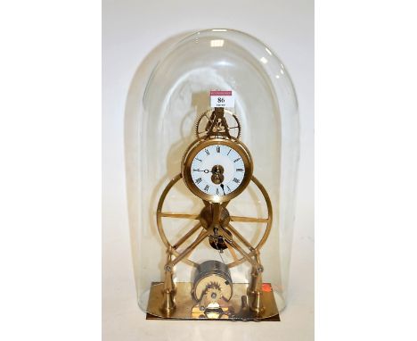 A lacquered brass skeleton clock having enamel dial with Roman numerals and chain driven movement under dome (lacking plinth)