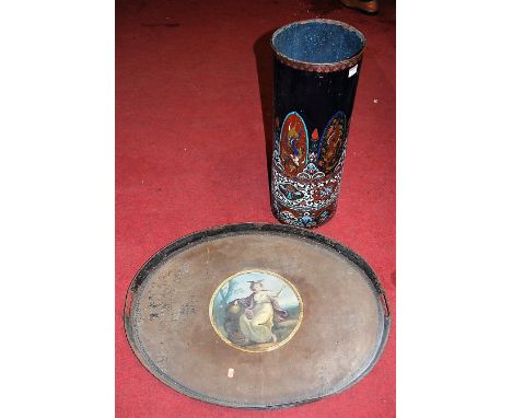 A large Victorian Toleware twin handled tray, the central panel depicting a seated maiden, width 76cm, together with an early