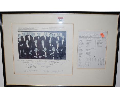 A framed photographic print of the England test match team, commemorating the 5th test of the 1948 Ashes, with facsimile sign