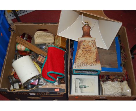 Two boxes of mixed effects to include Bernard Rooke table lamp, various metal wares etc