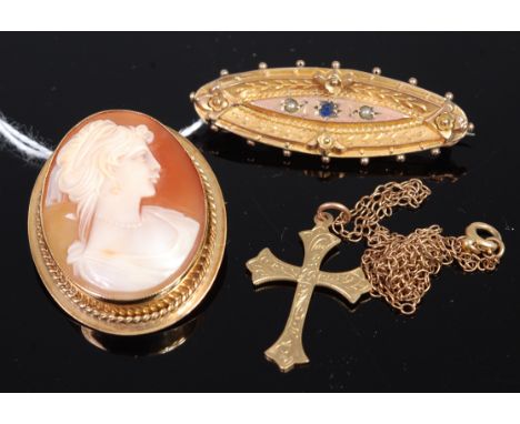 A carved shell cameo brooch, depicting profile portrait of a maiden, in 9ct gold mount; together with a Victorian yellow meta
