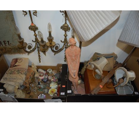 Two boxes of mixed effects to include various lighting, pair of French gilt metal twin branch wall lights, embroidered cushio