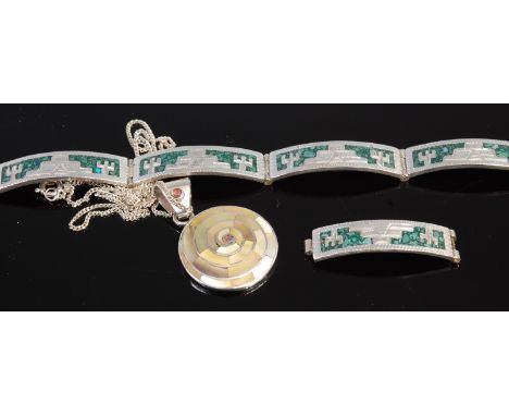 A Mexican silver and enamel hinged bracelet (a/f); together with a silver and mother of pearl pendant on finelink neck chain 