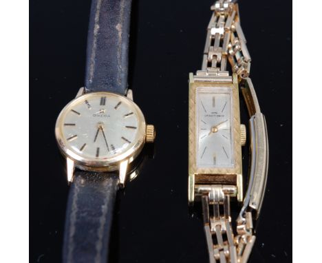 An Omega ladies gold plated wrist watch having signed champagne dial, baton markers, manual wind movement, dia. 2cm together 