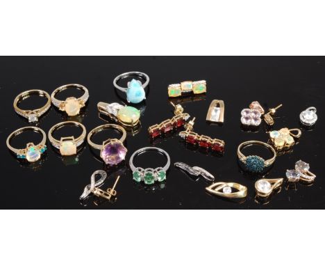 A large quantity of principally 9ct gold and semi precious set rings and pendants to include examples from Gems TV, various s