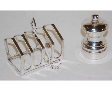 A George VI silver four division toast rack by Robert Pringle & Sons Birmingham 1938 together with a modern silver pepper gri