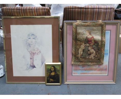 TWO PAIRS OF FRAMED PRINTS, MONA LISA PRINT AND SMALL HANGING TAPESTRY 