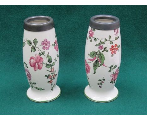 PAIR OF LOWESTOFT PEWTER MOUNTED CERAMIC VASES, APPROXIMATELY 16cm HIGH 