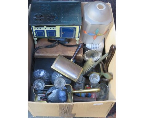 SUNDRY LOT INCLUDING MINIATURE KITCHEN STOVE, CAMPING STOVE, CASED CAMERA, GLASS BOTTLES AND GLASS SHADE