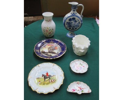 TWO PIECES OF MINTON HADDON HALL, THREE PIECES OF CROWN DERBY PLUS DELFT MOON FLASK 