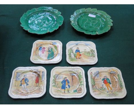 TWO CERAMIC LEAF PLATES (AT FAULT) AND FIVE DICKENS SIDE PLATES 