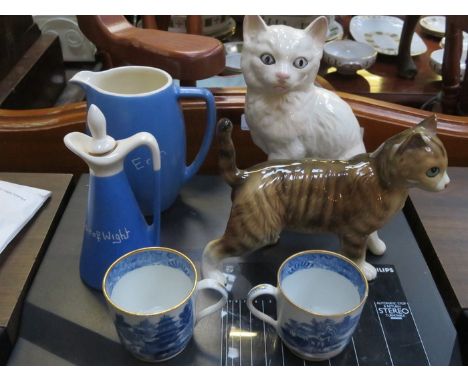 TWO CERAMIC CATS, TWO PIECES OF SOUVENIR WARE AND TWO EARLY COFFEE CANS 