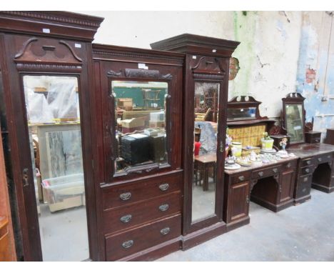 ANTIQUE MAHOGANY COMBINATION TRIPLE WARDROBE WITH DRESSING TABLE AND MABLE TOPPED WASH STAND 