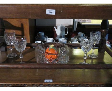 FIVE PIECES OF GLASS AND CERAMIC CARLTON WARE DISH WITH COVER 