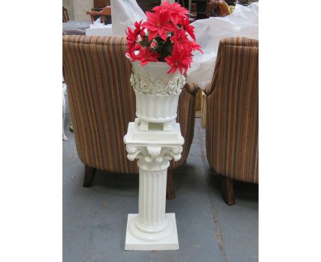 WHITE CERAMIC FLORAL JARDINIERE ON STAND 