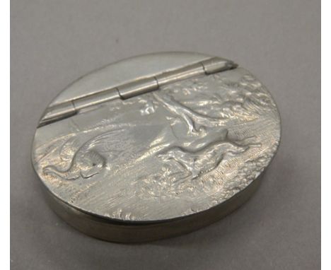A James Dixon and Son snuff box embossed with dog chasing a bird in a country scene.  5.5 wide.