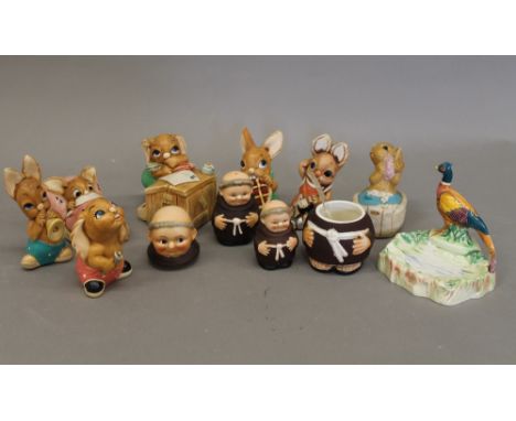 A Goebel monk cruet set, a Beswick ashtray and a quantity of Pendelfin rabbits