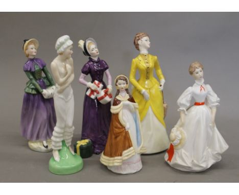 A small collection of various Royal Doulton and Royal Worcester figurines, including Morning Walk, Evening Engagement, Modest