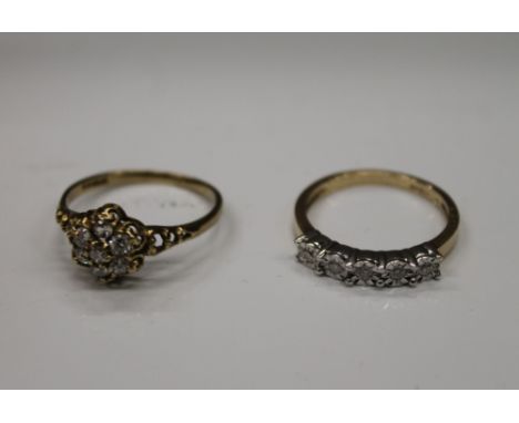 A 9 ct gold five stone diamond ring, ring size N; together with a 9 ct gold white stone flowerhead ring, ring size P (4 gramm