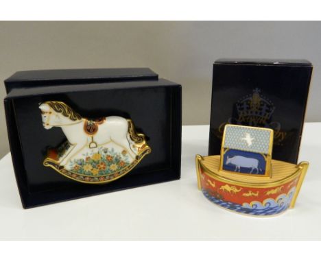 A boxed Royal Crown Derby Treasures of Childhood Rocking Horse and a boxed Noah's Ark. The latter 10 cm wide.