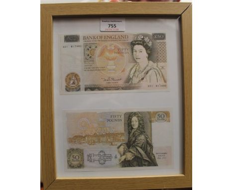 A framed £50 note print. 23.5 x 28 cm overall.
