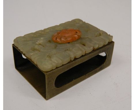 A jade mounted match box holder. 6 x 4 cm.
