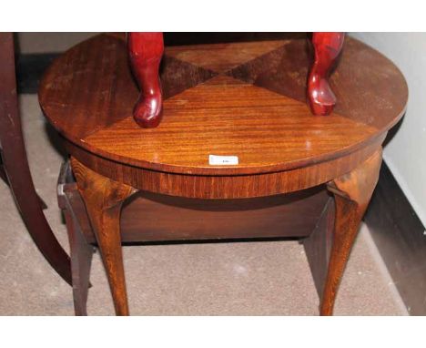 MAHOGANY NEST OF TWO TABLES, CIRCULAR OCCASIONAL TABLE, UPHOLSTERED FOOTSTOOL, BOOK TROUGH AND A WALL CLOCK