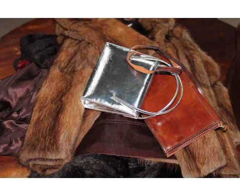 TWO FUR COATS AND A FAUX FUR COATalong with a gladstone type bag and two vintage handbags 