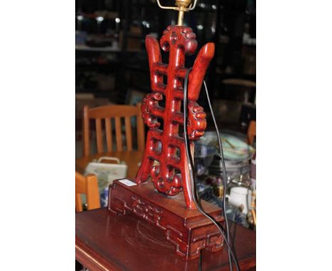 CHINESE WOODEN TABLE LAMP AND TWO PLANT STANDS