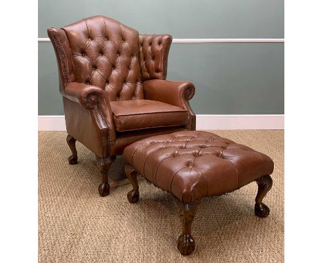 THOMAS LLOYD LEATHER WINGBACK CHAIR, button-back, claw and ball feet, 115 (h) x 88cms (w), with matching ottoman, 56 cms sqPr