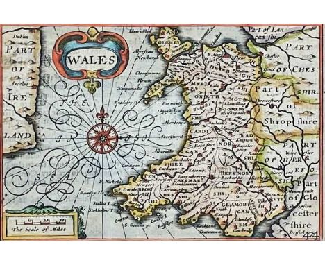 PIETER VAN DEN KEERE coloured antiquarian map entitled in cartouche 'Wales', showing the whole of Wales and a small section o