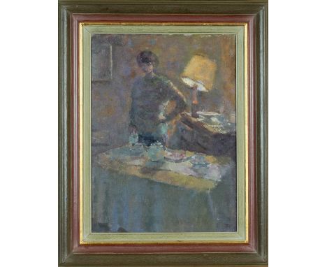 ‡ JACQUELINE WILLIAMS N.E.A.C. (b. 1962) oil on canvas - Tea Time, interior scene with table lamp, 39 x 29cmsProvenance: priv