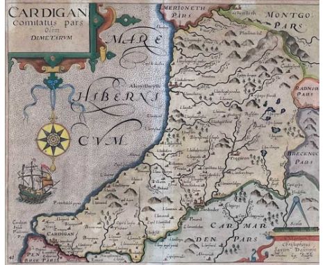 CHRISTOPHER SAXTON - coloured engraved map - entitled in cartouche 'Cardigan', with inset scale of miles, compass and other i