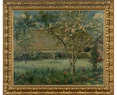 EARLY 20TH C BRITISH SCHOOL, oil on canvas - Walled Orchard Garden, with figure tending a border, 49 x 60cmsProvenance: priva