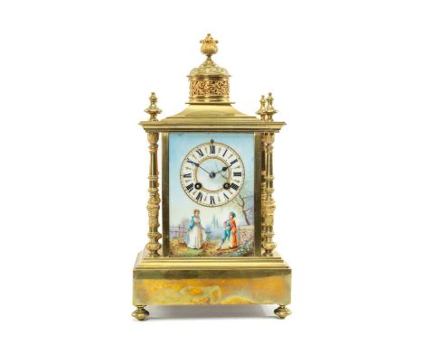 19TH C. FRENCH PORCELAIN MOUNTED BRASS MANTEL CLOCK, A.D. Mougin, front panel painted with figures in costume signed 'Fabien'