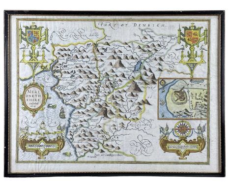 JOHN SPEED coloured 1610 copper engraved map - entitled in cartouche 'Merionethshire described', with inset plan of Harlech c