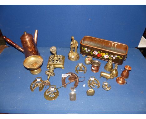 A small quantity of brass and copper items including Bargeware copper planter, horse brasses, bells, copper coffee pot etc.