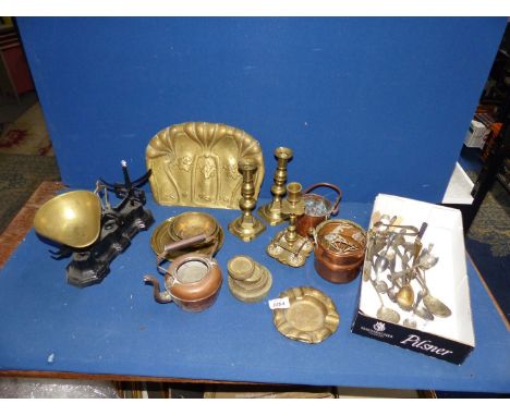 A quantity of brass and copper including candlestick, copper kettle, balance, weights, cutlery etc.