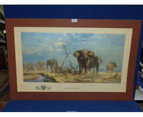 A large David Shepherd limited Edition Print no. 132/850 of Elephants entitled ''The Welcome Storm'', signed in pencil by the