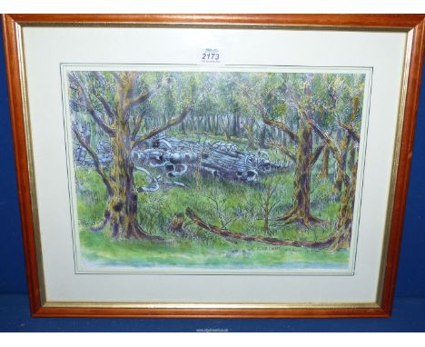 A framed and mounted Print 'Lost in The Black Forest' depicting the remains of a Bomber in the woodlands, signed W. Gilmour.