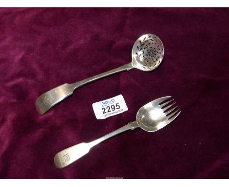 A Silver petit four Fork, London 1846, makers mark rubbed, 33 grams and a sugar sifter spoon with unidentified marks.