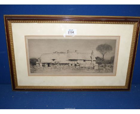 A framed and mounted Etching of a homestead, indistinct signature.