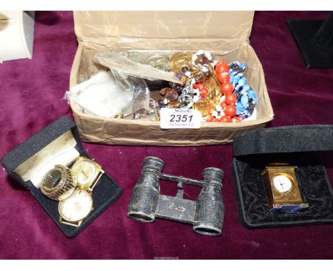 A quantity of mixed jewellery including cufflinks, necklaces, Timex watch a/f, mini binoculars, miniature carriage clock in b